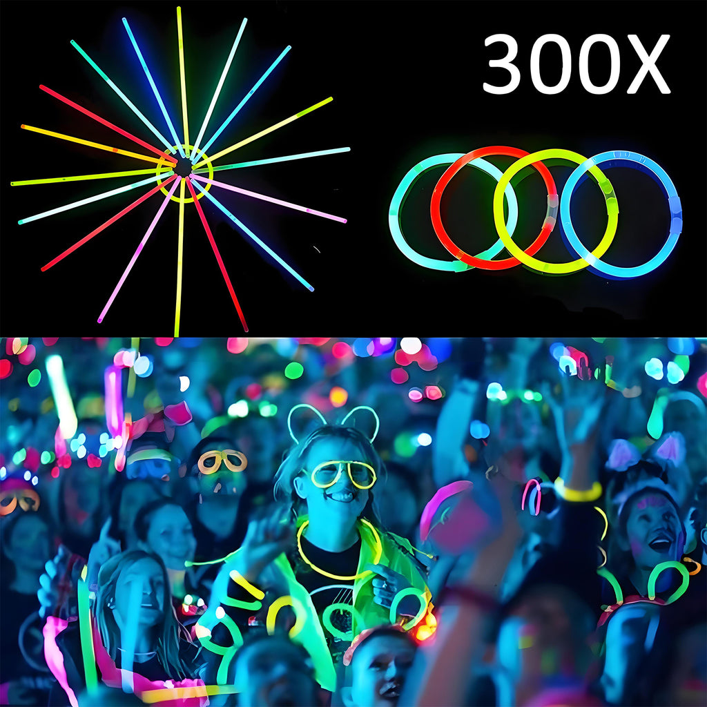 300er XXL Knicklichter Party-Set – Ultrahelle Glow Sticks inkl. Verbinder für Armbänder & Neon-Deko