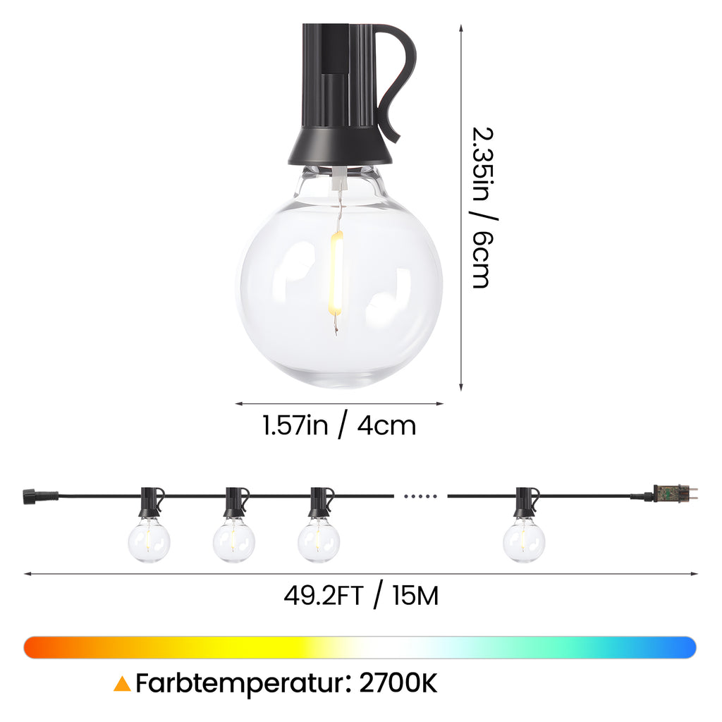 G40 Premium LED Außen-Lichterkette – Dimmbar mit Fernbedienung, Timer & IP44 Wetterschutz (Warmweiß)