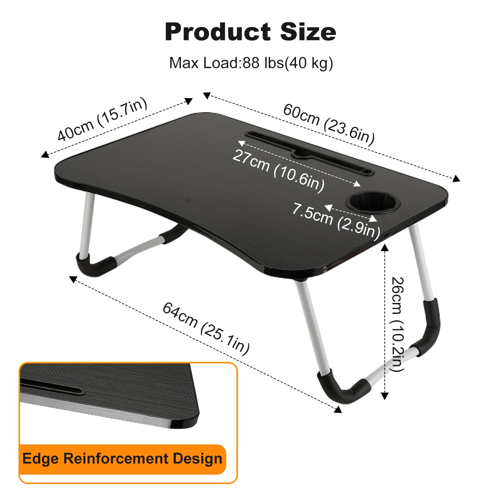 XXL Laptoptisch „Black Pro“ (60x40 cm) – Faltbarer Betttisch in zeitlosem Schwarz mit Tablet-Halter & Becher-Slot