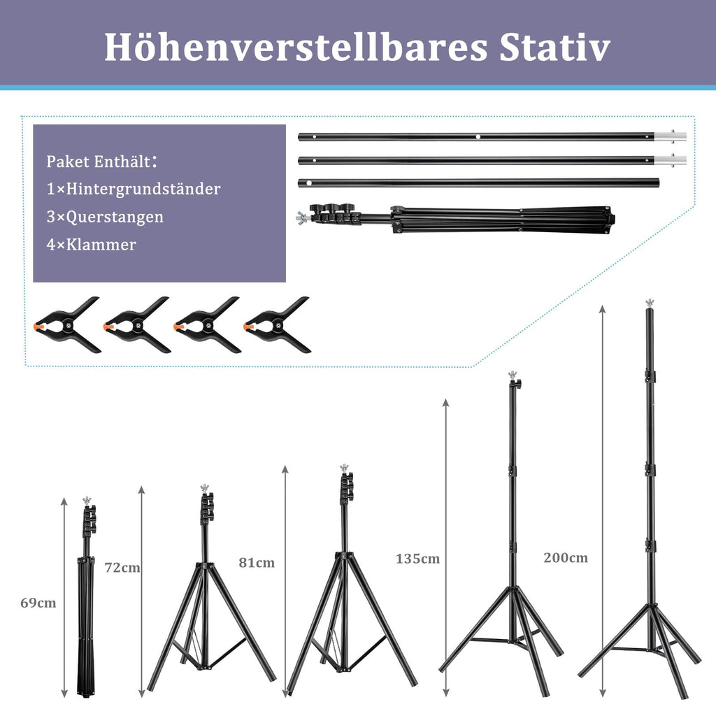 Profi T-Form Hintergrundständer (2 x 2 m) – Tragbares Stativ-Set inkl. 3 Power-Clips für Foto- & Videostudios
