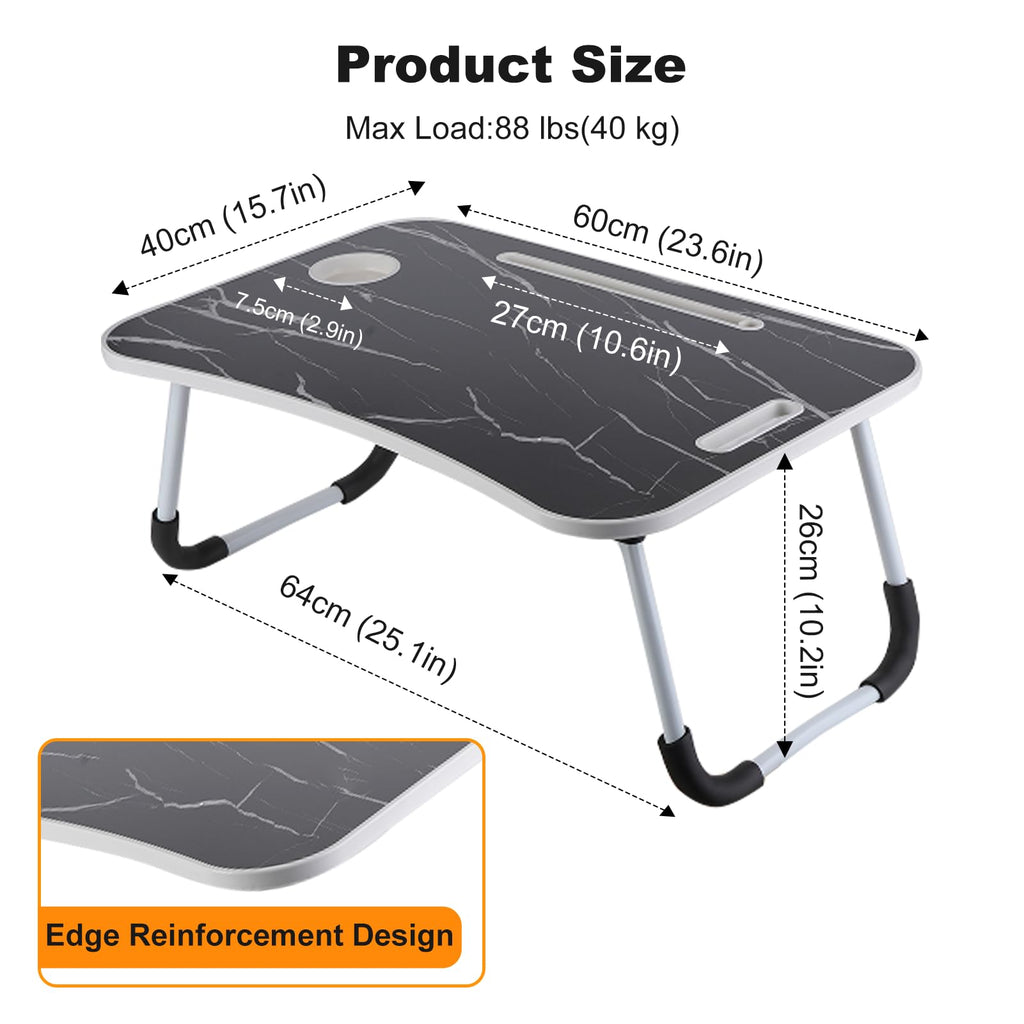 XXL Laptoptisch „Black Marble“ (60x40 cm) – Edler Betttisch mit Marmor-Dekor, Tablet-Halter & Becherhalter