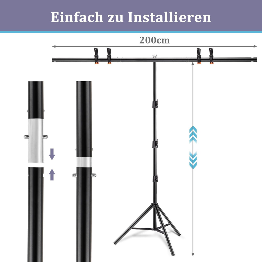 Profi T-Form Hintergrundständer (2 x 2 m) – Tragbares Stativ-Set inkl. 3 Power-Clips für Foto- & Videostudios