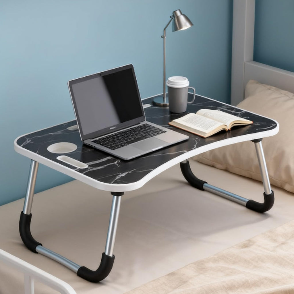 XXL Laptoptisch „Black Marble“ (60x40 cm) – Edler Betttisch mit Marmor-Dekor, Tablet-Halter & Becherhalter
