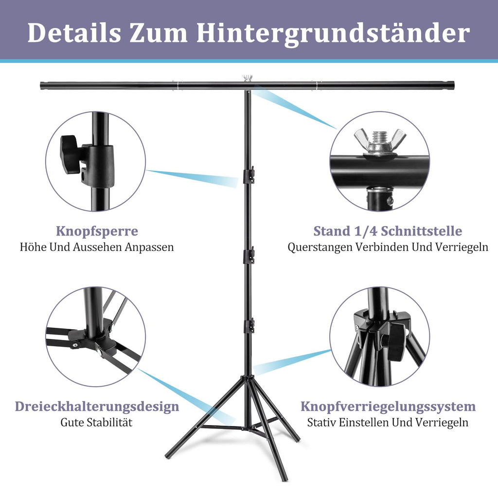 Profi T-Form Hintergrundständer (2 x 2 m) – Tragbares Stativ-Set inkl. 3 Power-Clips für Foto- & Videostudios