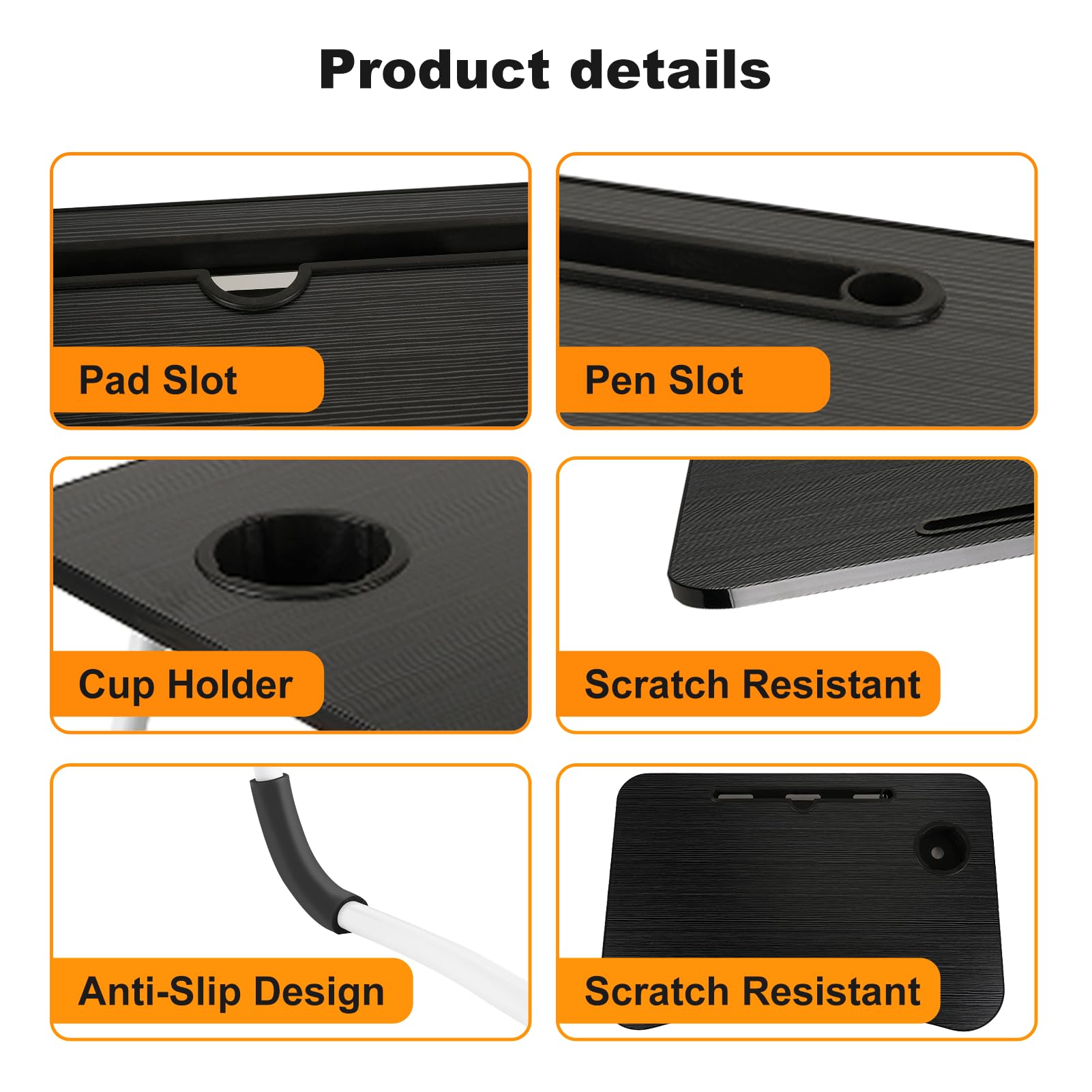 XXL Laptoptisch „Black Pro“ (60x40 cm) – Faltbarer Betttisch in zeitlosem Schwarz mit Tablet-Halter & Becher-Slot