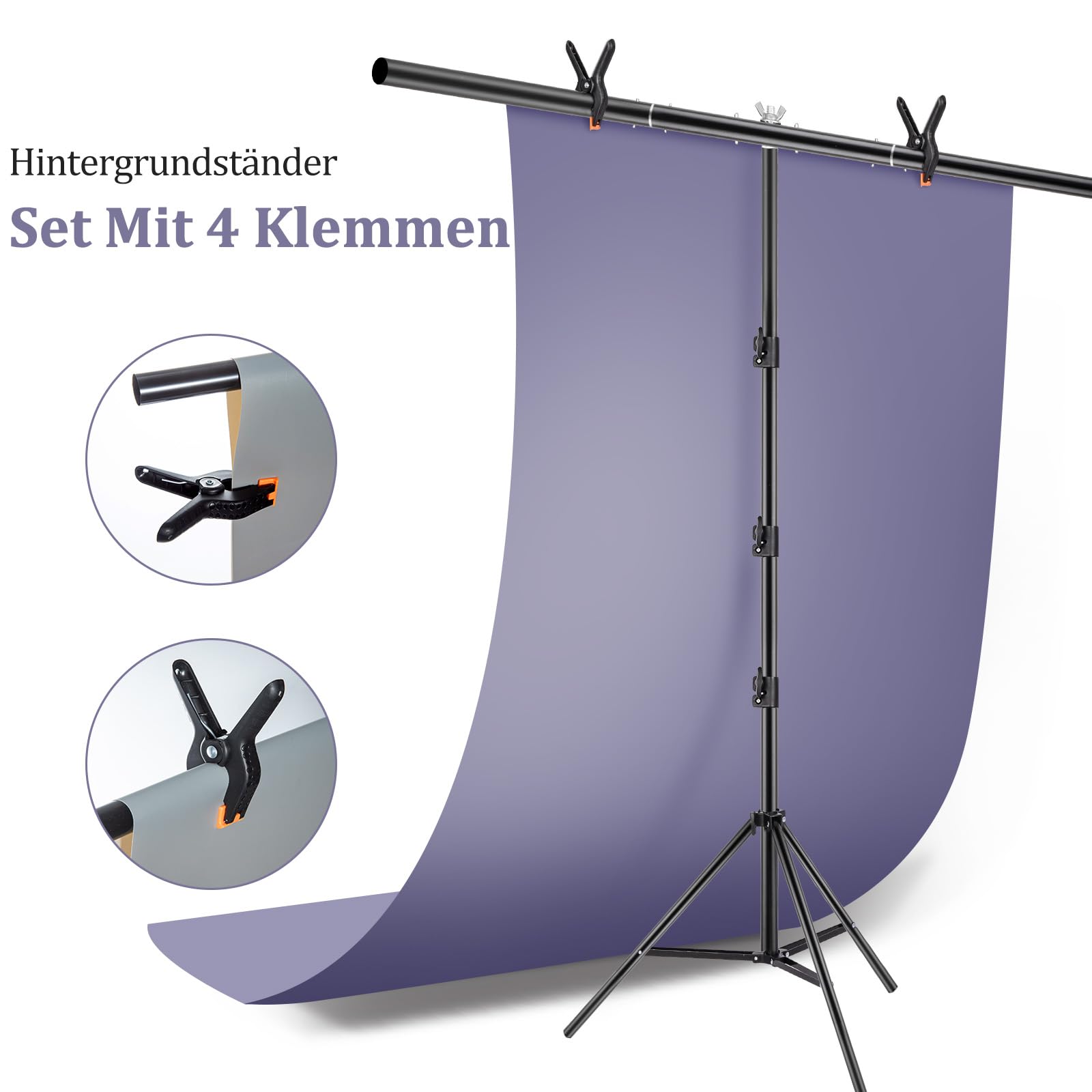 Profi T-Form Hintergrundständer (2 x 2 m) – Tragbares Stativ-Set inkl. 3 Power-Clips für Foto- & Videostudios