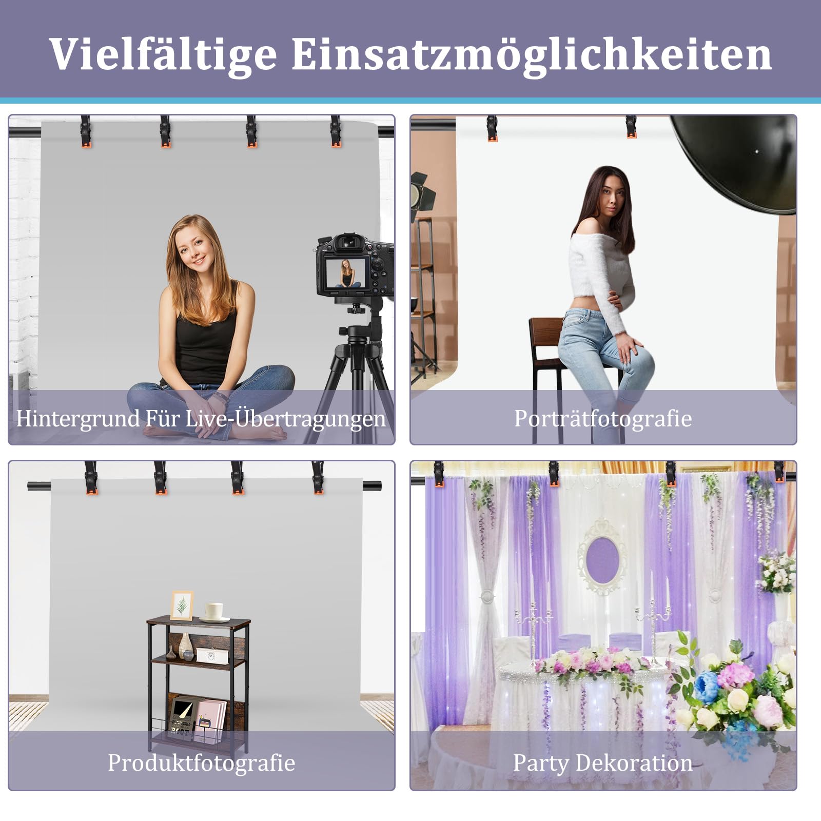 Profi T-Form Hintergrundständer (2 x 2 m) – Tragbares Stativ-Set inkl. 3 Power-Clips für Foto- & Videostudios