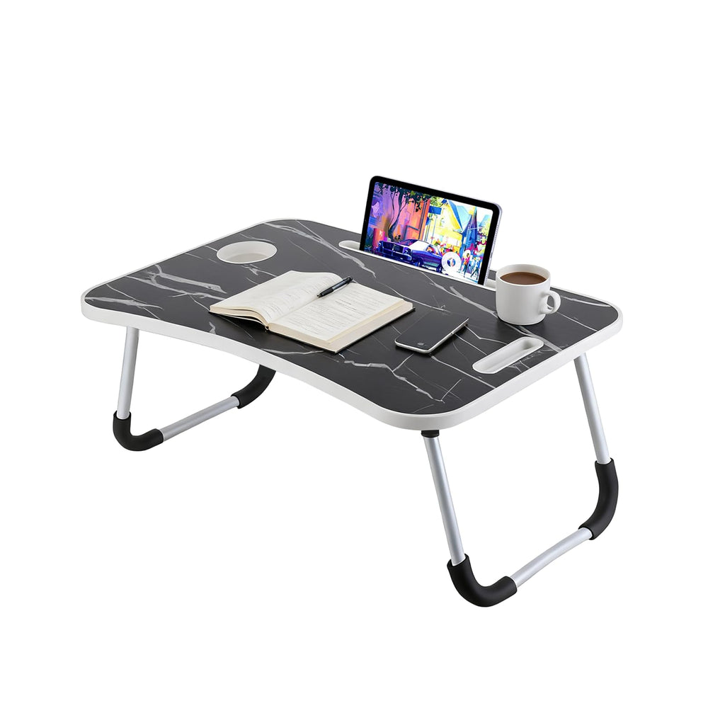 XXL Laptoptisch „Black Marble“ (60x40 cm) – Edler Betttisch mit Marmor-Dekor, Tablet-Halter & Becherhalter
